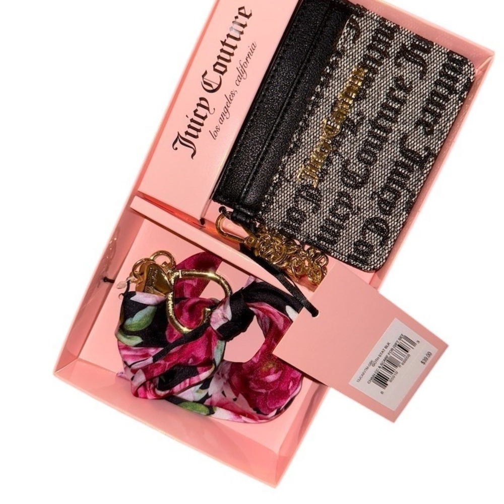 Juicy Couture Card Case Wallet Chain Floral Scarf Bow Keychain 4pc Set box gift